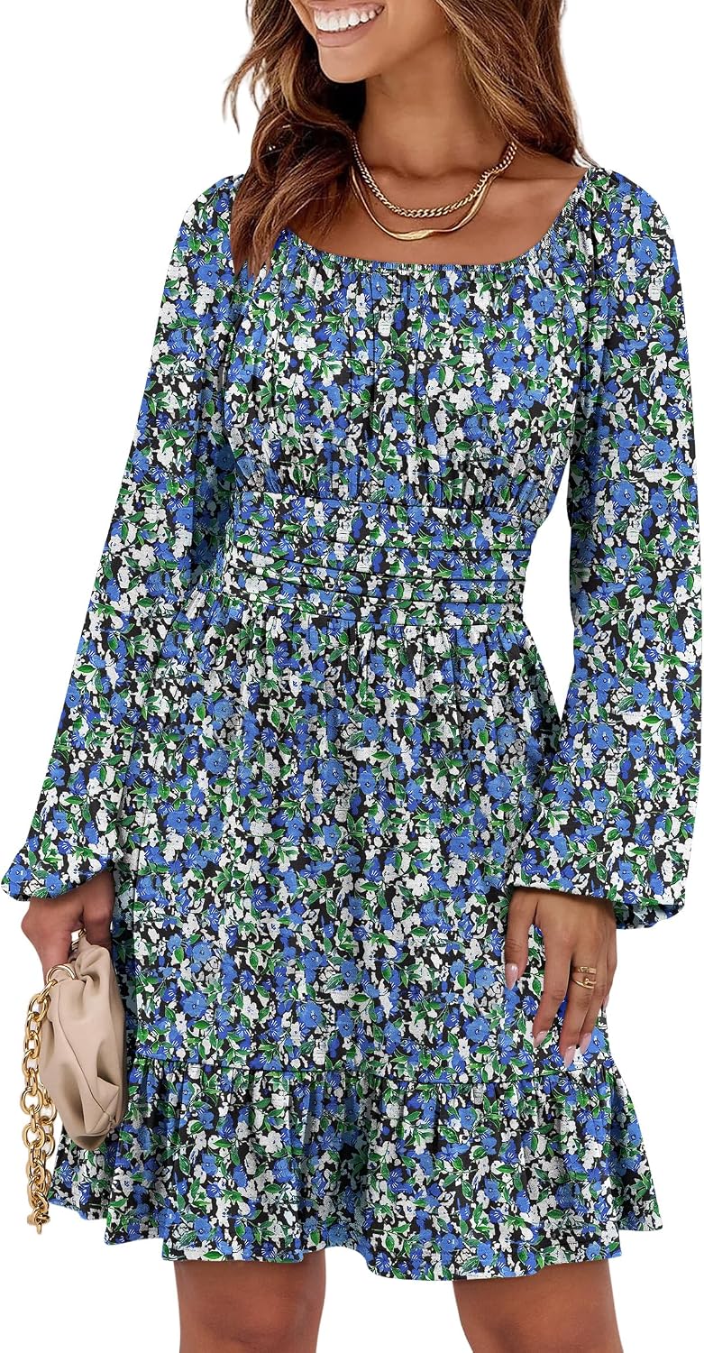 ANRABESS Women Long Lantern Sleeve Square Neck Fall Short Dress | Elastic Waist Belly Hide,Ruffle Flowy A-Line Mini Dress,Backless,Spring Summer Fashion Trendy,Cute Travel & Party Daily Wear