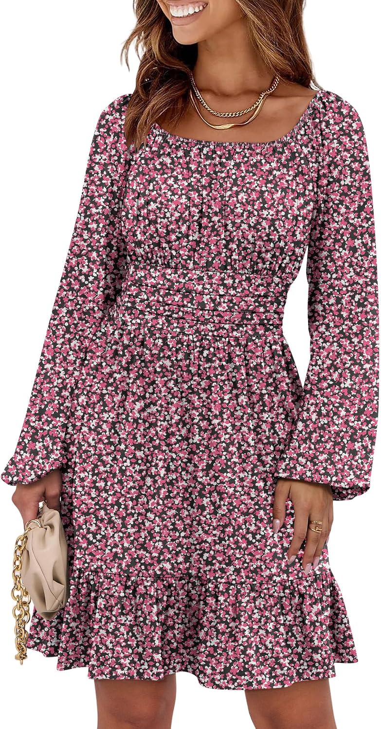ANRABESS Women Long Lantern Sleeve Square Neck Fall Short Dress | Elastic Waist Belly Hide,Ruffle Flowy A-Line Mini Dress,Backless,Spring Summer Fashion Trendy,Cute Travel & Party Daily Wear
