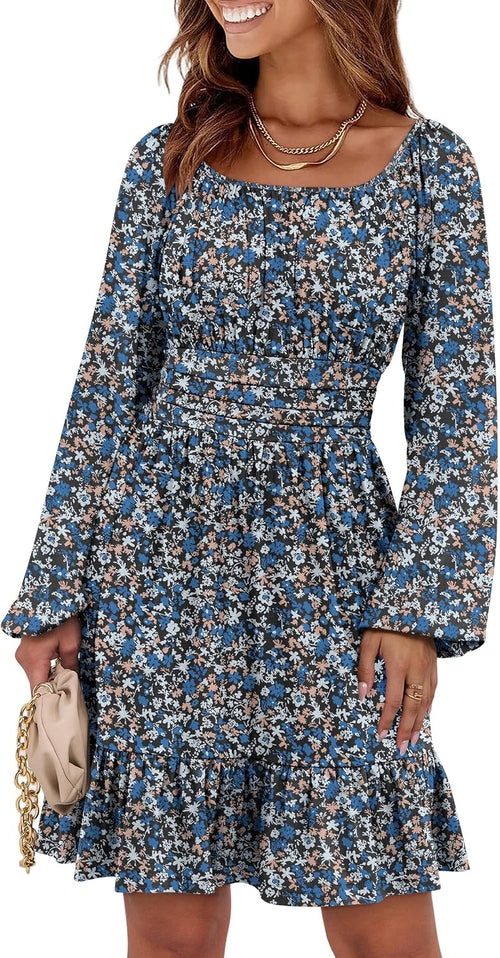 ANRABESS Women Long Lantern Sleeve Square Neck Fall Short Dress | Elastic Waist Belly Hide,Ruffle Flowy A-Line Mini Dress,Backless,Spring Summer Fashion Trendy,Cute Travel & Party Daily Wear