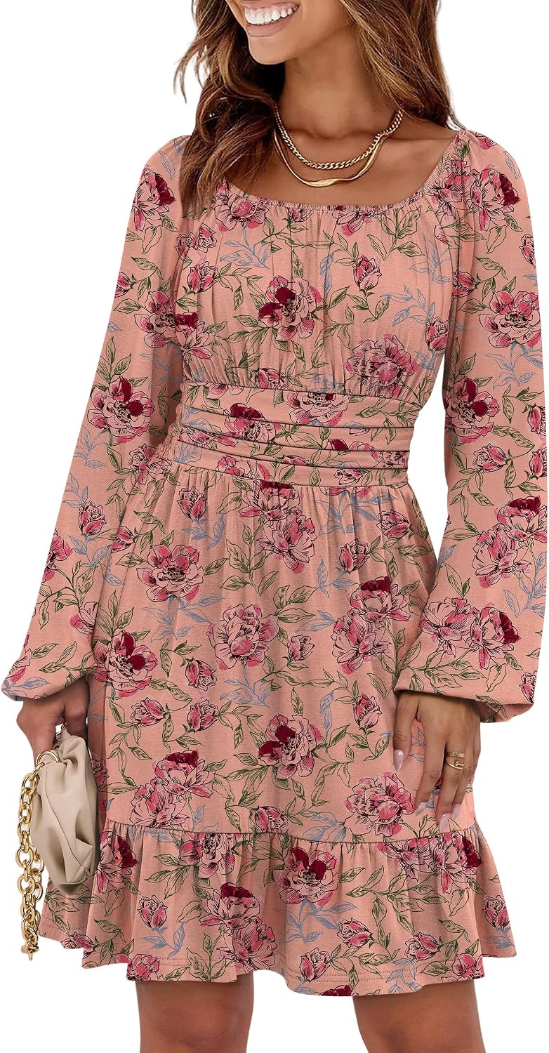 ANRABESS Women Long Lantern Sleeve Square Neck Fall Short Dress | Elastic Waist Belly Hide,Ruffle Flowy A-Line Mini Dress,Backless,Spring Summer Fashion Trendy,Cute Travel & Party Daily Wear