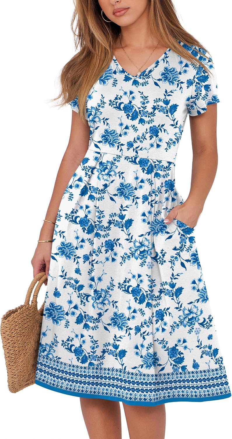 ANRABESS Women Summer Casual Short Sleeve A Line Midi Dresses with Pocket | V Neck Knee Length Pleated Flowy Slim Fit, Casual Business Office Work Teacher Wear, Church Funeral Wedding Guest Outfits