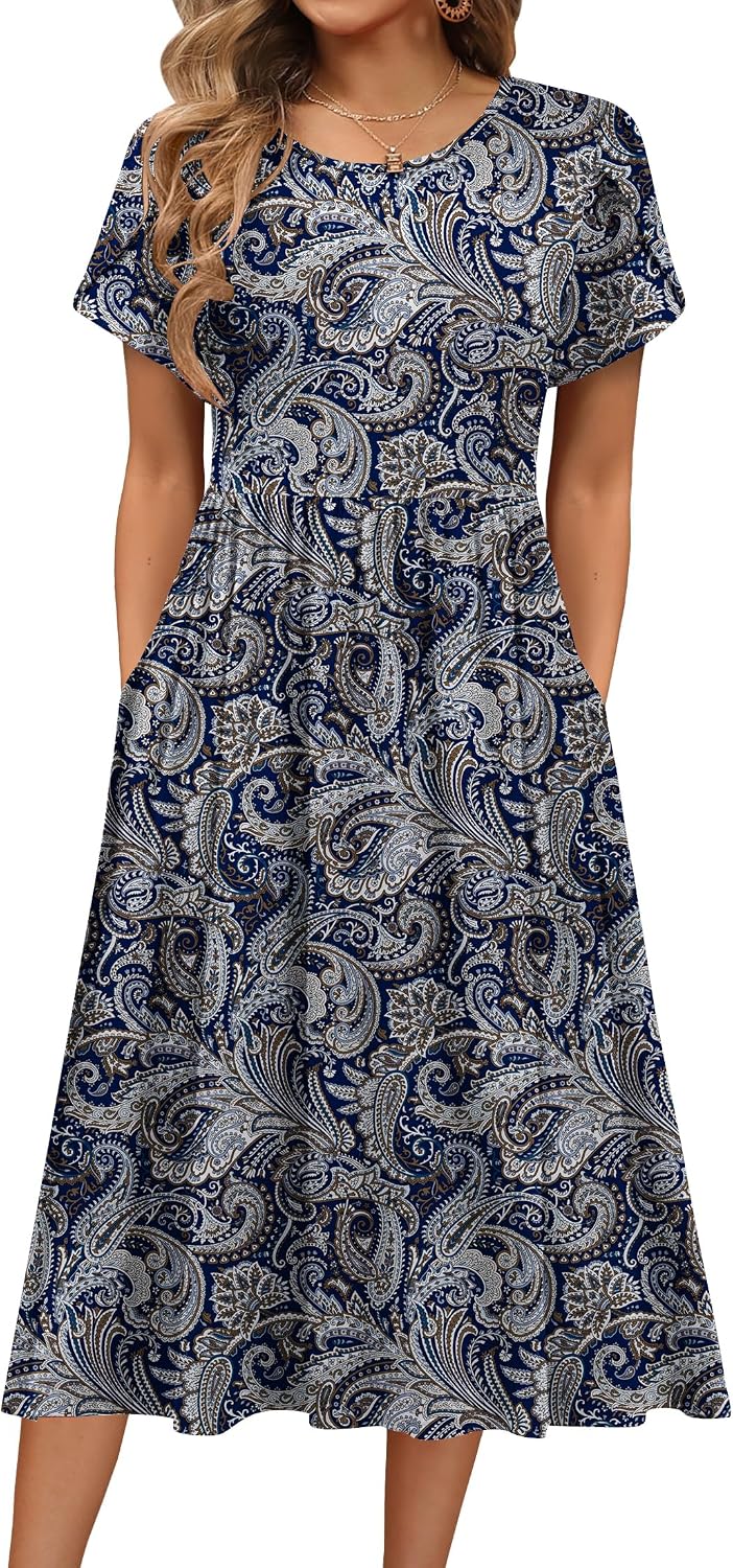 HOTOUCH Women's Summer A-Line Midi Dresses 2026 Casual Floral Short Sleeve T-Shirt Dress Flowy Beach Sundress with Pockets