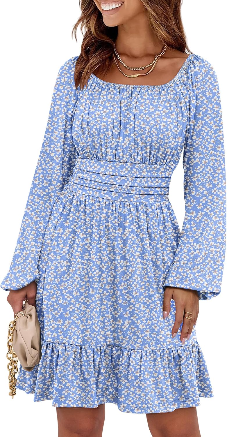 ANRABESS Women Long Lantern Sleeve Square Neck Fall Short Dress | Elastic Waist Belly Hide,Ruffle Flowy A-Line Mini Dress,Backless,Spring Summer Fashion Trendy,Cute Travel & Party Daily Wear