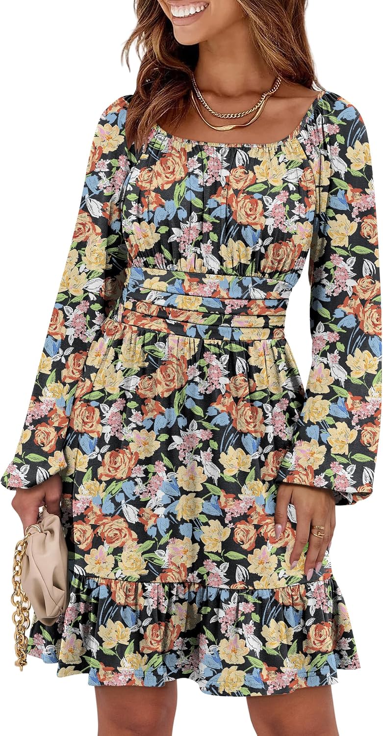 ANRABESS Women Long Lantern Sleeve Square Neck Fall Short Dress | Elastic Waist Belly Hide,Ruffle Flowy A-Line Mini Dress,Backless,Spring Summer Fashion Trendy,Cute Travel & Party Daily Wear