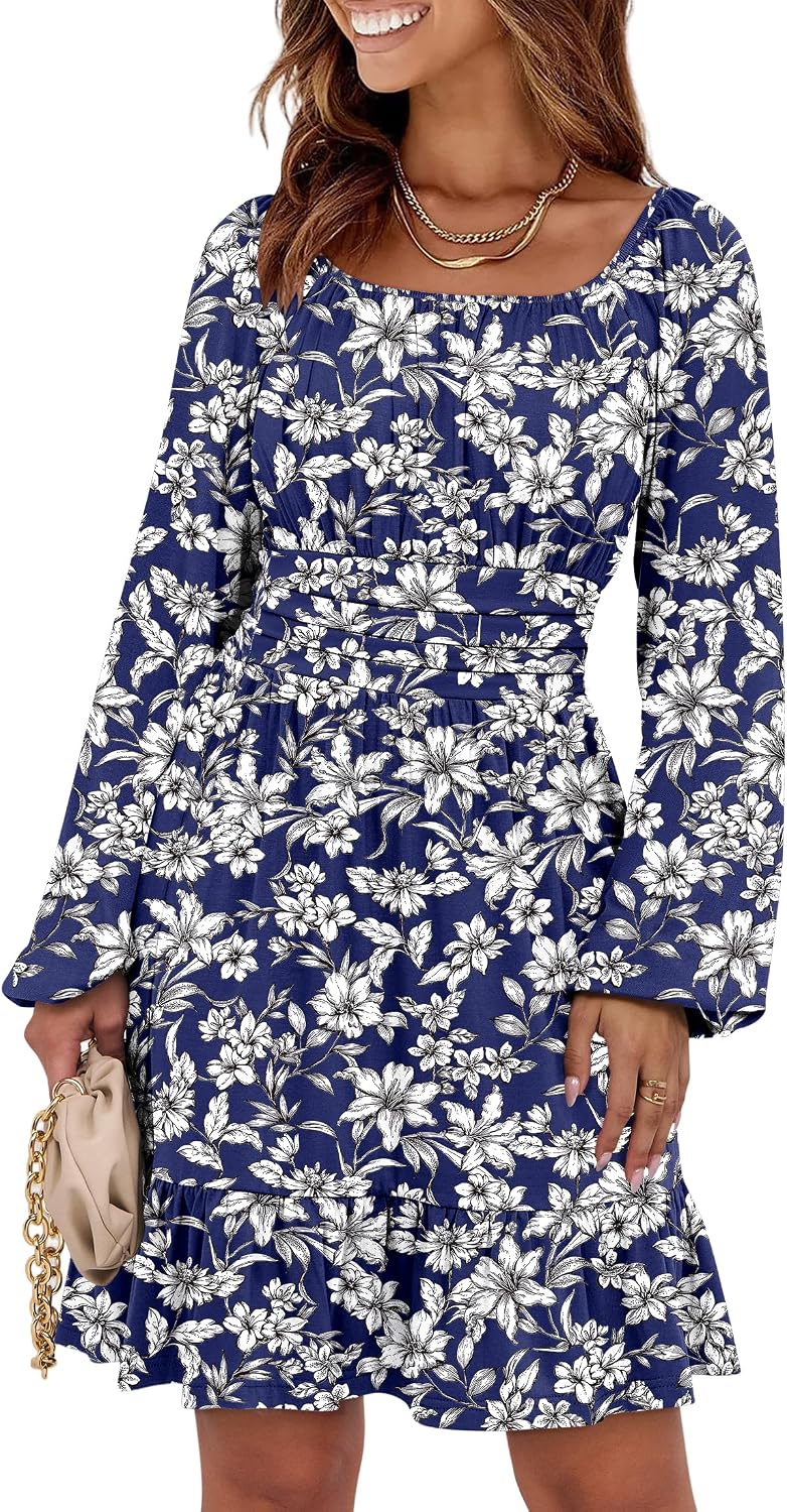 ANRABESS Women Long Lantern Sleeve Square Neck Fall Short Dress | Elastic Waist Belly Hide,Ruffle Flowy A-Line Mini Dress,Backless,Spring Summer Fashion Trendy,Cute Travel & Party Daily Wear