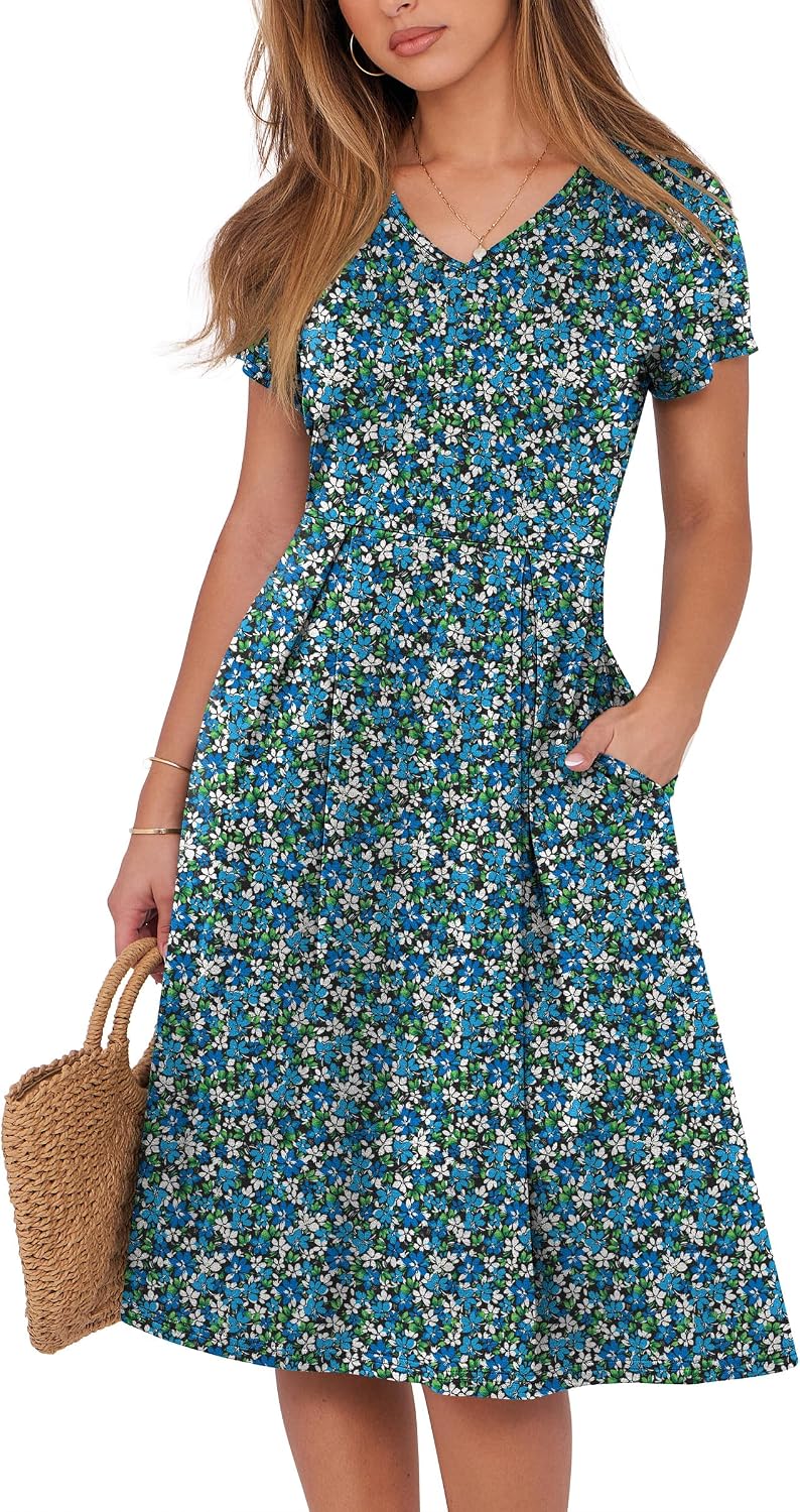 ANRABESS Women Summer Casual Short Sleeve A Line Midi Dresses with Pocket | V Neck Knee Length Pleated Flowy Slim Fit, Casual Business Office Work Teacher Wear, Church Funeral Wedding Guest Outfits