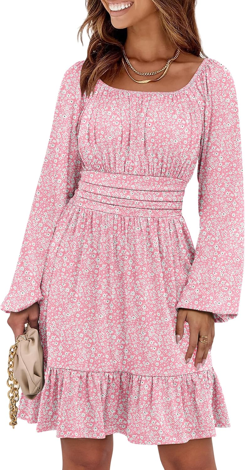ANRABESS Women Long Lantern Sleeve Square Neck Fall Short Dress | Elastic Waist Belly Hide,Ruffle Flowy A-Line Mini Dress,Backless,Spring Summer Fashion Trendy,Cute Travel & Party Daily Wear